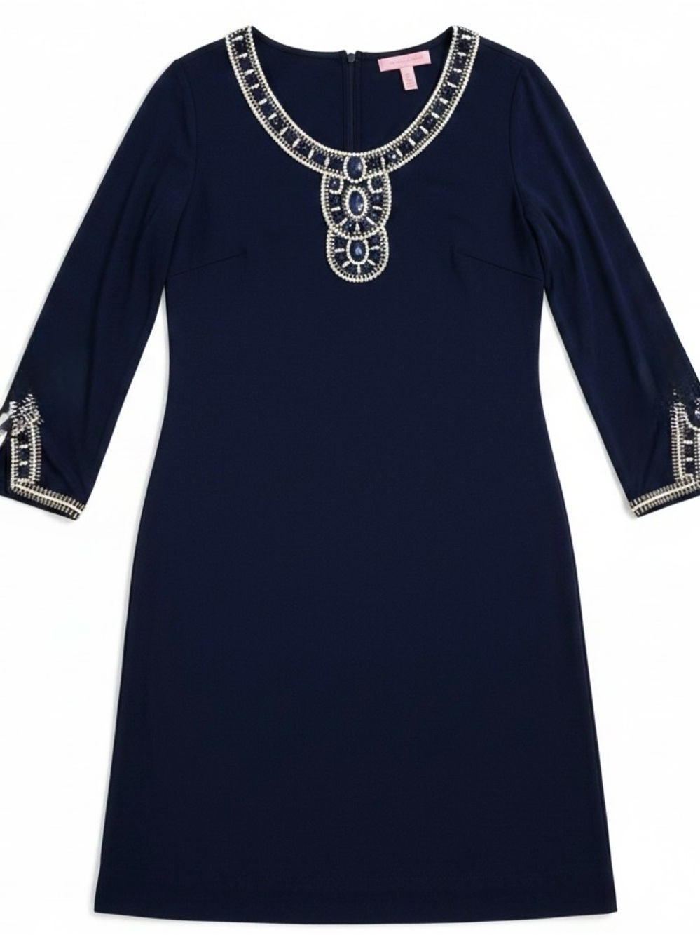 Lilly Pulitzer Sz M Sarah Embellished Sleeves Neckline Navy Blue Gold  | EUC